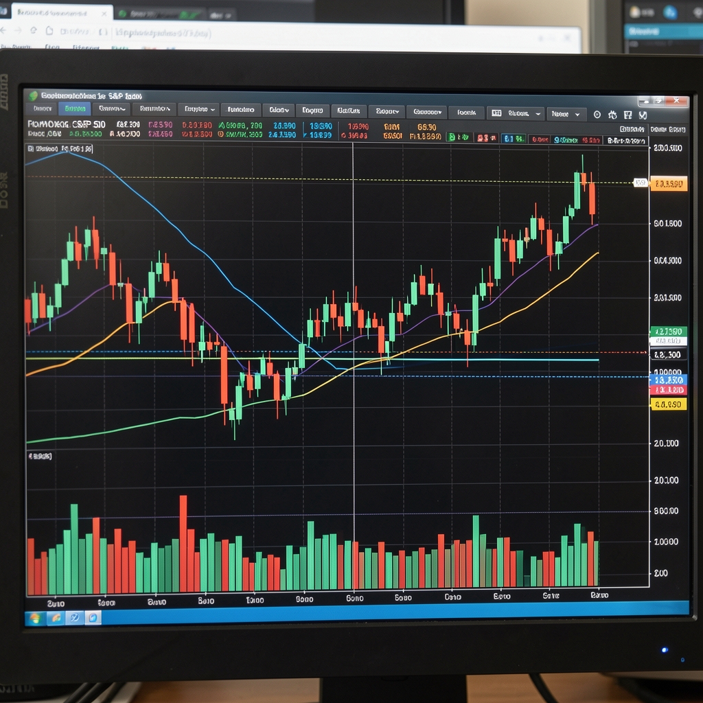 График индекса S&P 500 на торговом терминале с техническими индикаторами и ценовыми уровнями поддержки и сопротивления